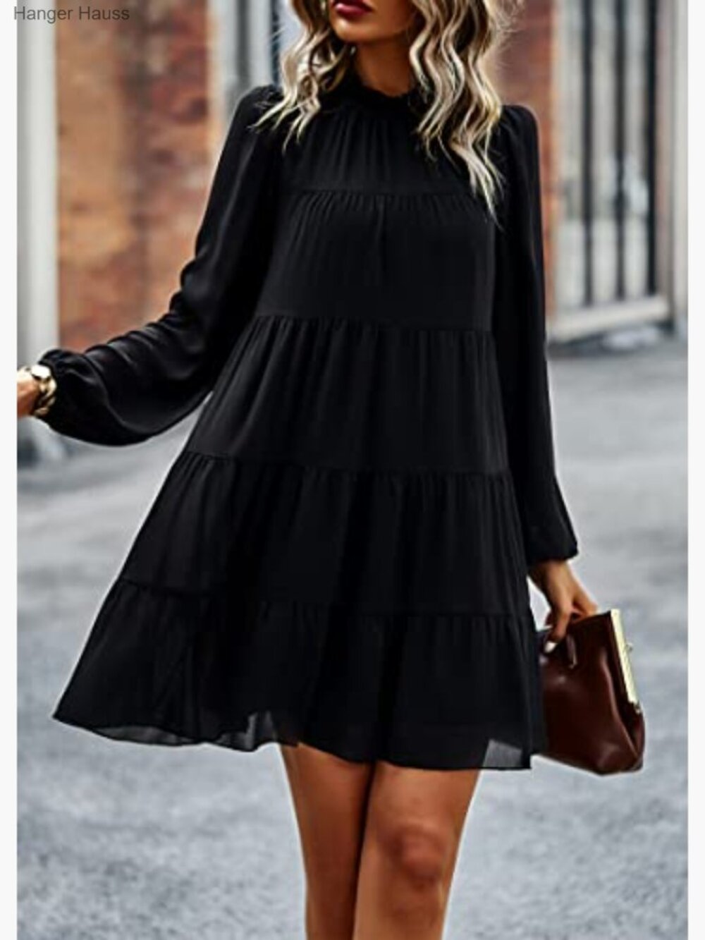 Long Sleeve Babydoll Dress Ruffle Mock Neck Tiered Mini Swing Shift Dress Loose - Picture 4 of 7